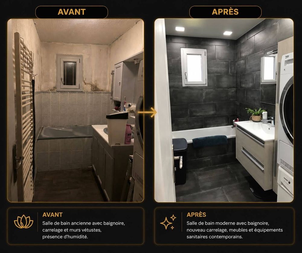 Salle de bain avec baignoire, avant et après rénovation : murs humides remplacés par un carrelage anthracite
