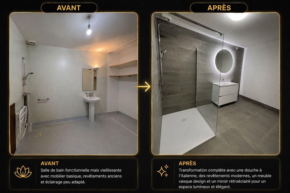 Salle de bain avant et après rénovation, avec douche et miroir rétroéclairé