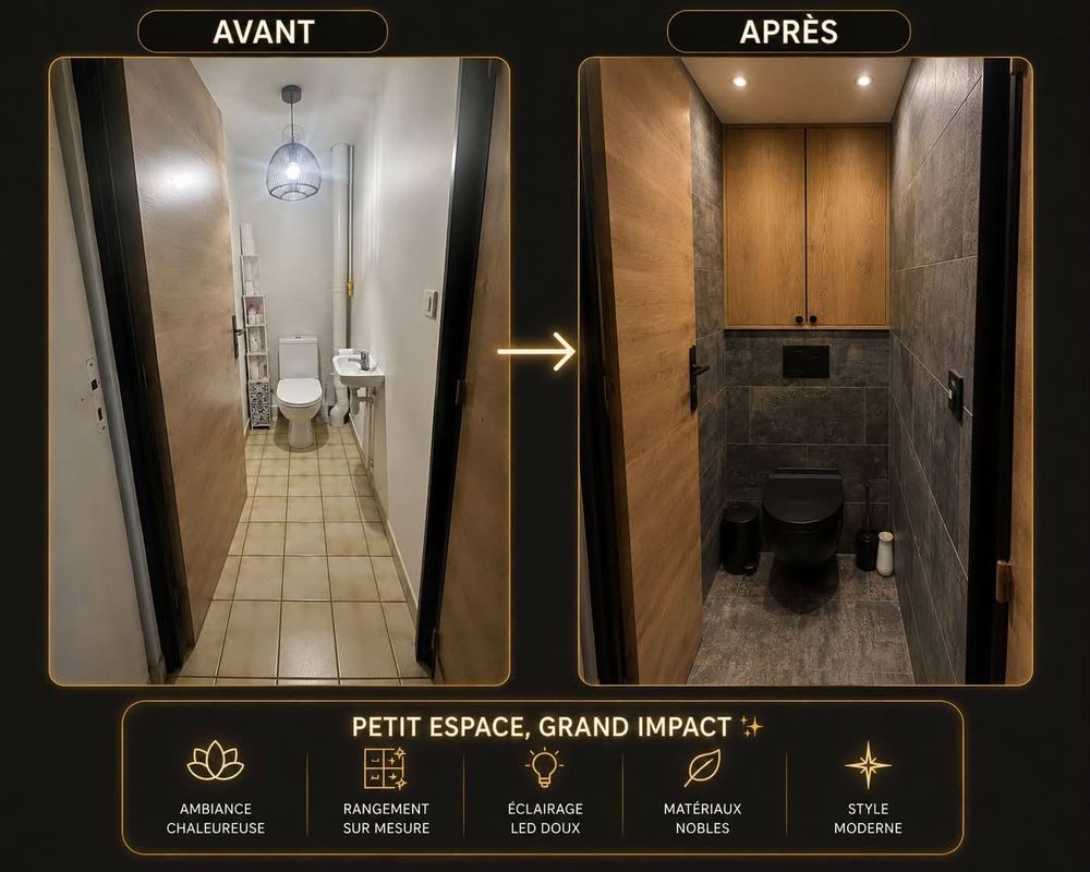 WC étroits avant et après rénovation, avec WC suspendus noirs et placard sur mesure